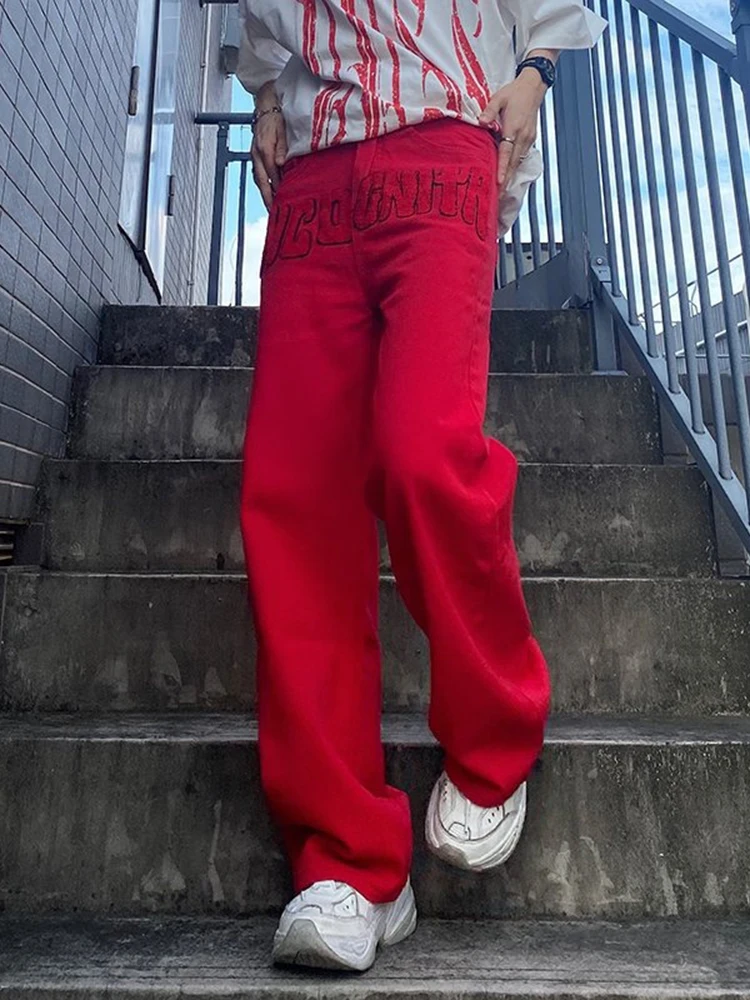 American Men's Pants Street Embroidery Straight Loose Wide Leg Denim Jeans Men and Women Same Style Streetwear Ins Hot Sale MEN
