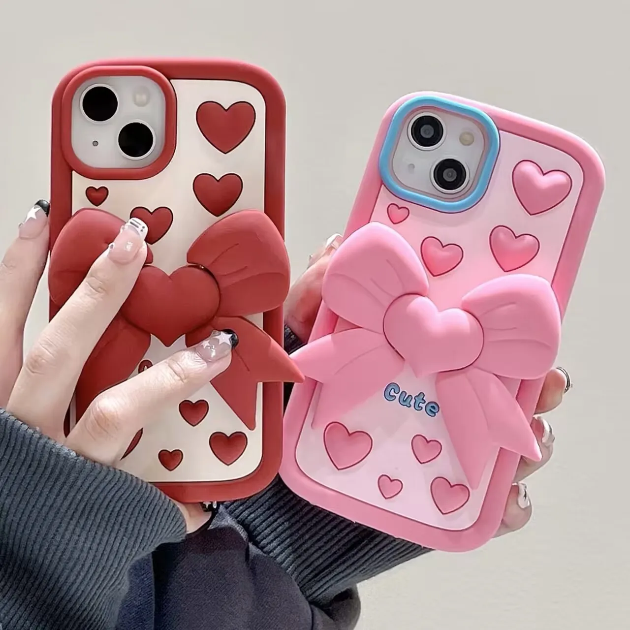 

3D Cartoon Cute Bow With Stand Soft Silicone Back Cover Skin For iPhone 15 14 13 12 11 X XR Xs Max 6 6s 7 8 Plus SE Phone Cases