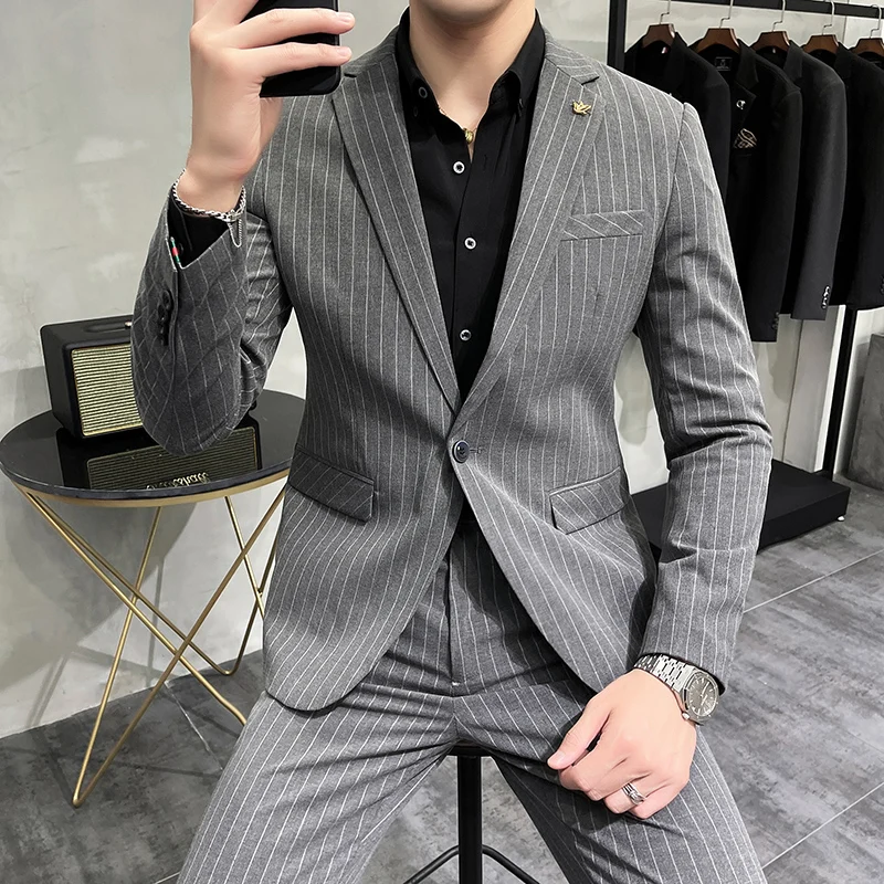 

High-end boutique handsome thickened tweed stripes (suit + trousers) new fashion trend suit men business casual suit two-piece