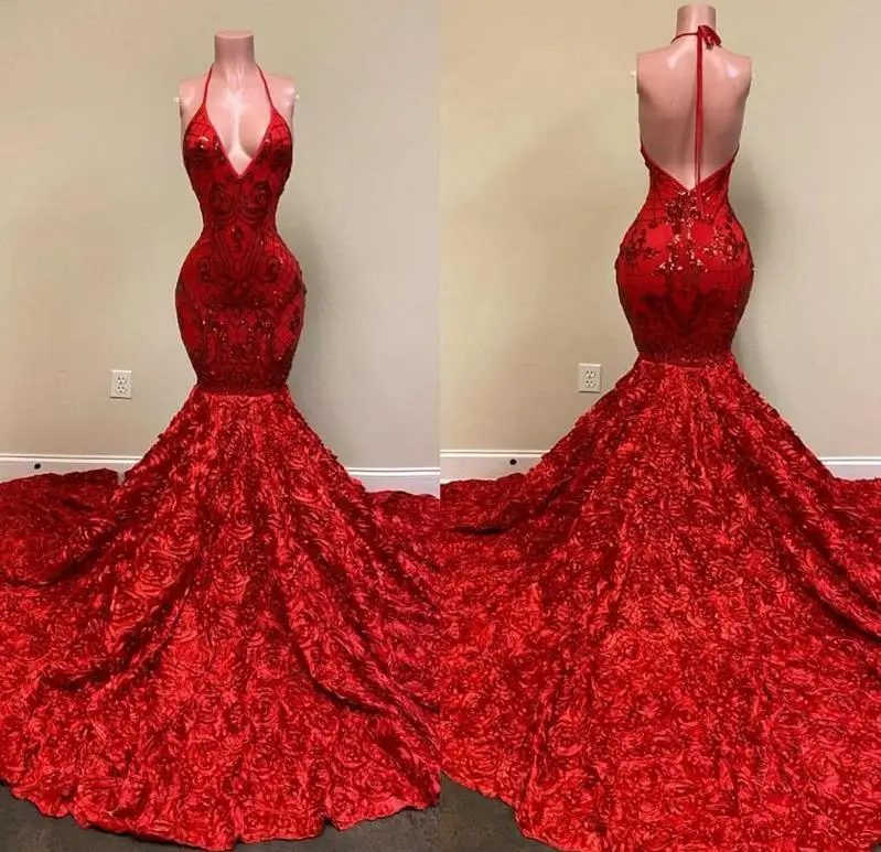 

Sexy Backless Red Evening Dresses Halter Deep V Neck Lace Appliques Mermaid Prom Dress Rose Ruffles train Special Occasion Party