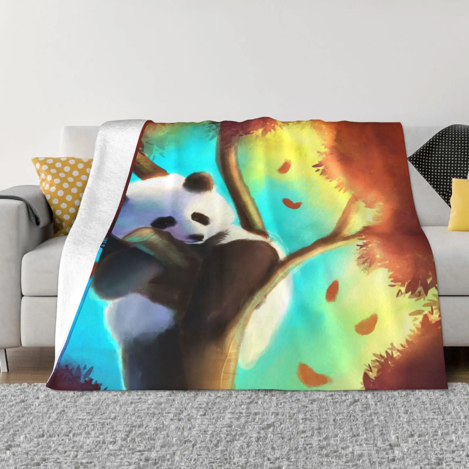 

Light Blue and Orange Watercolor Panda Blankets for Beds 80x60 Inch Single Side Lightweight Soft Blanket Portable