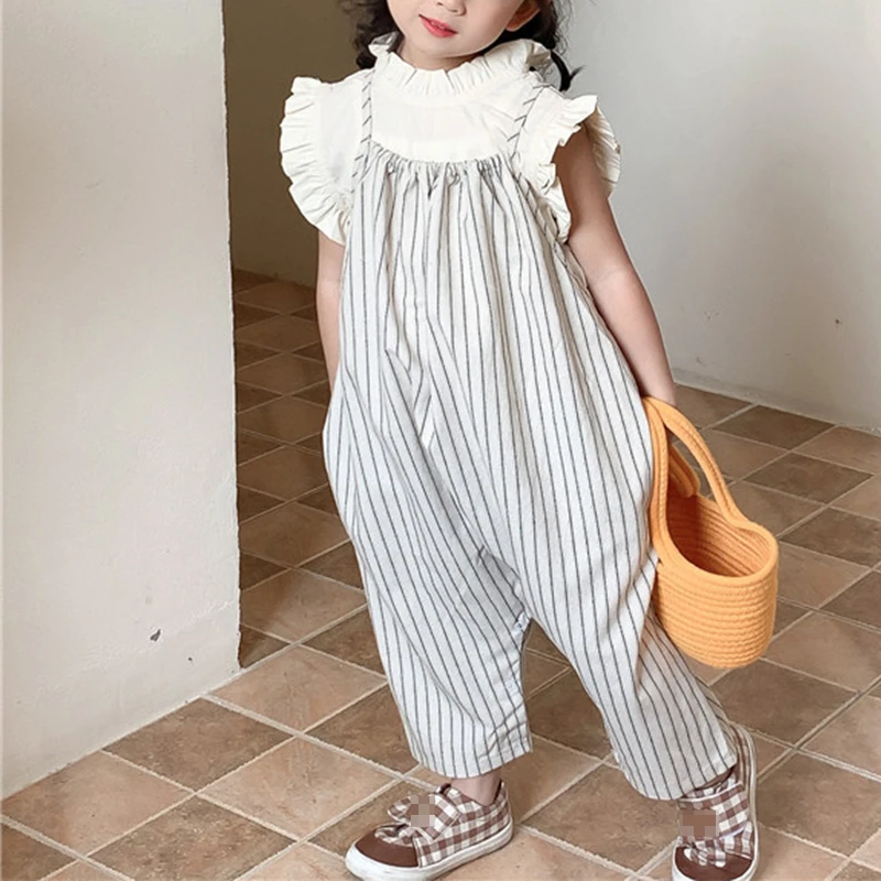 Criscky Girls Summer Fashion Clothes Set 2 PCS Suit Solid Ruffles Tank Tops +Striped Overalls Sets Girls Clothes Casual Wear