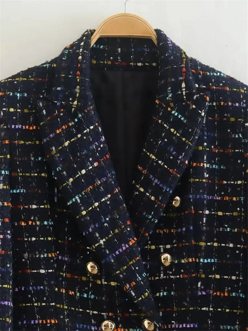 DEARIRIS Women's Long Sleeve Checked Lapel Collar Double Breasted Tweed Textured Blazer Suit  Jacket