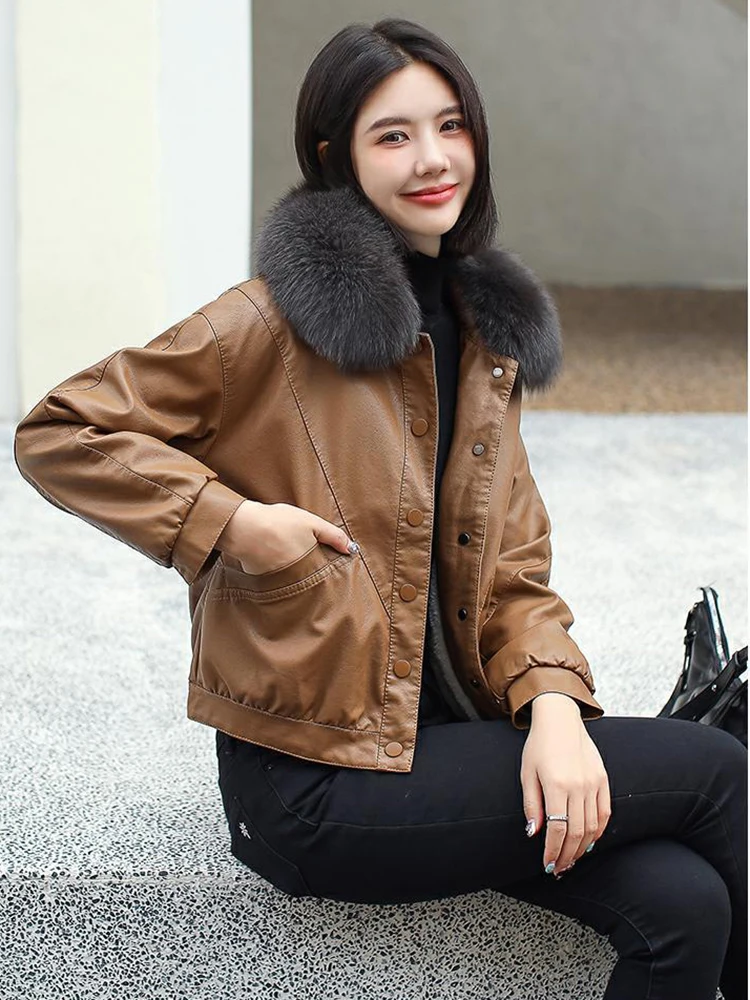 New Women Plus Velvet Lining Leather Jacket Autumn Winter Casual Fashion Fur Collar Loose Short Motorbiker Coat Split Leather