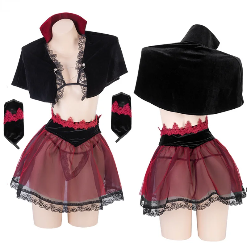 

Anime Lace Perspective Cosplay Hollow Out Sexy Deep V Women Witch Dress Velvet Uniform Set Underwear Suit Halloween Costume