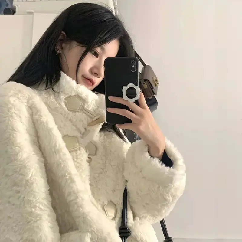 QWEEK Women Warm Faux Fur Fleece Coat Jacket Lamb Wool Thickened Oversized Long Sleeve Cute Lamb Wool Button Up Winter Outerwear