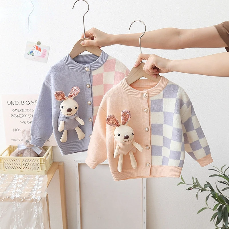Kids Baby Girls Autumn Spring Full Sleeve Patchwork 3D Doll Knitting Sweater Children Casual Cute Cardigan 1-6Y