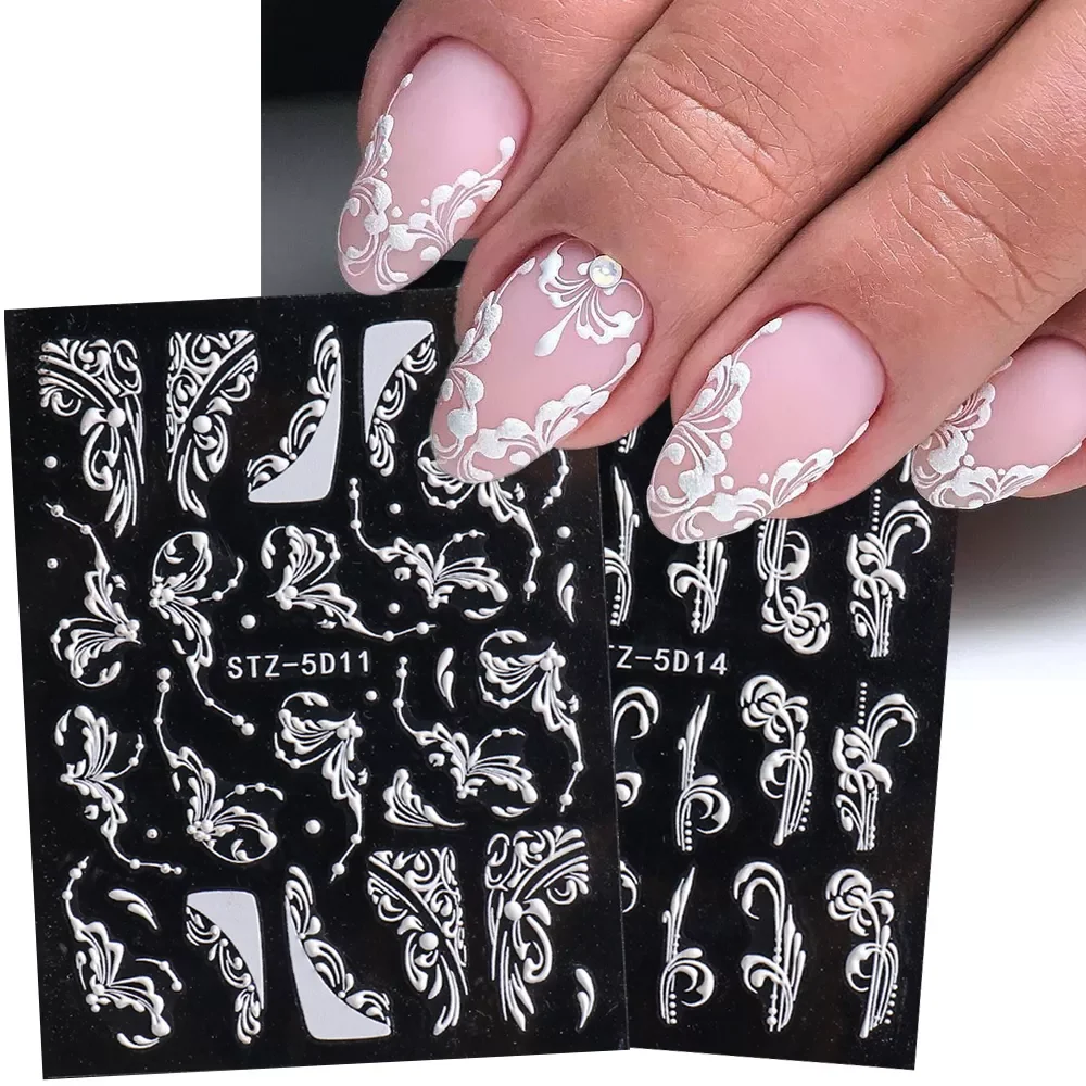 

Acrylic Nail Stickers White Wedding Nail Design Engraved Lace Sliders Monogram Decals Winter French Manicure Design GLSTZ5D-2