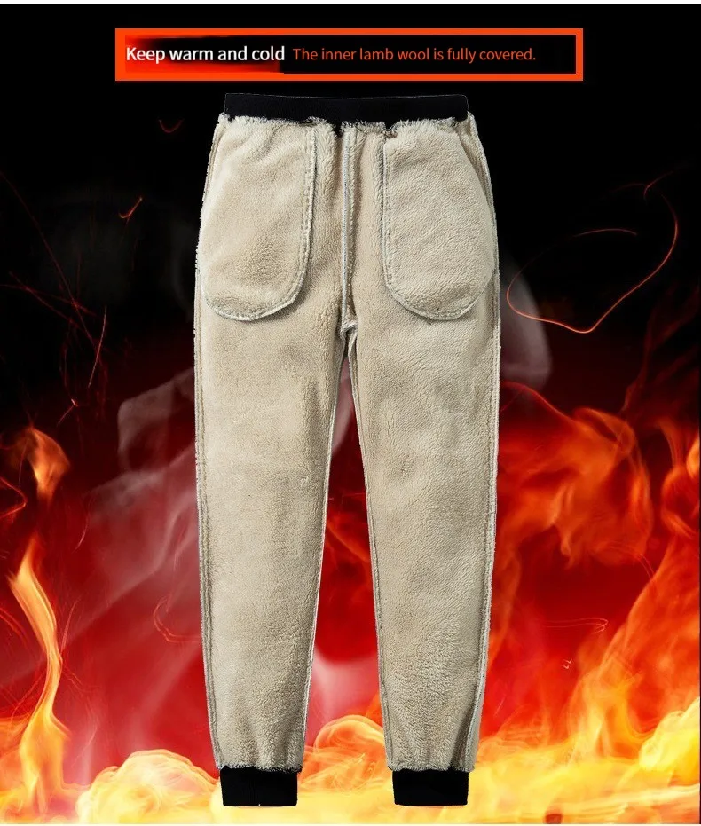 Outdoor Winter Men Pants Cashmere Padded Elastic Waist Solid Color Thickened Plush Lining Coldproof Trousers For Daily Wear