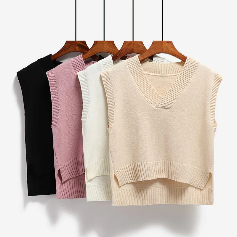 

2022 Spring Autumn Korean Fashion Women's V-neck Sleeveless Sweater Knitted Top