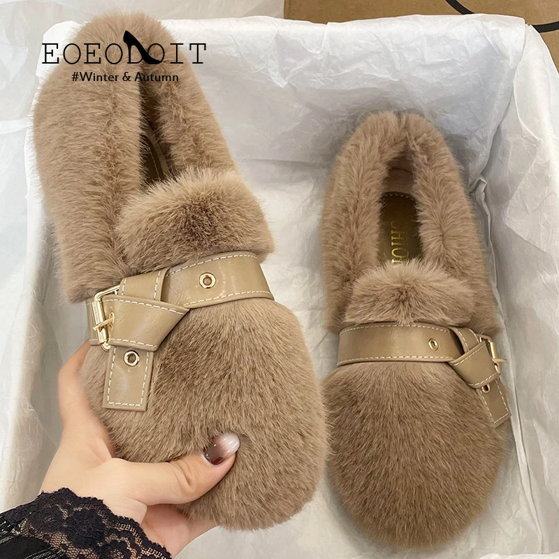 

Лоферы EOEODOIT женские меховые, теплые туфли на плоской подошве, круглый носок, без застежки, удобная зимняя обувь