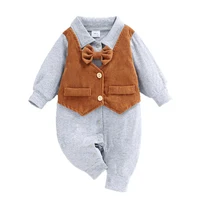 Cotton Romper Newborn Baby Boy Clothes 0 3 Months Soft  Button Long Sleeve Jumpsuit Patchwork Vest Outfits Gray Black Brown