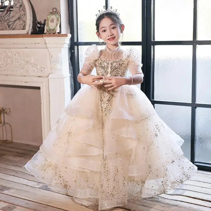 

High-End Flower Girls Sequines Long Evening Gowns Children Vintage Wedding Birthday Party Dress For Eid Vestidos L1892