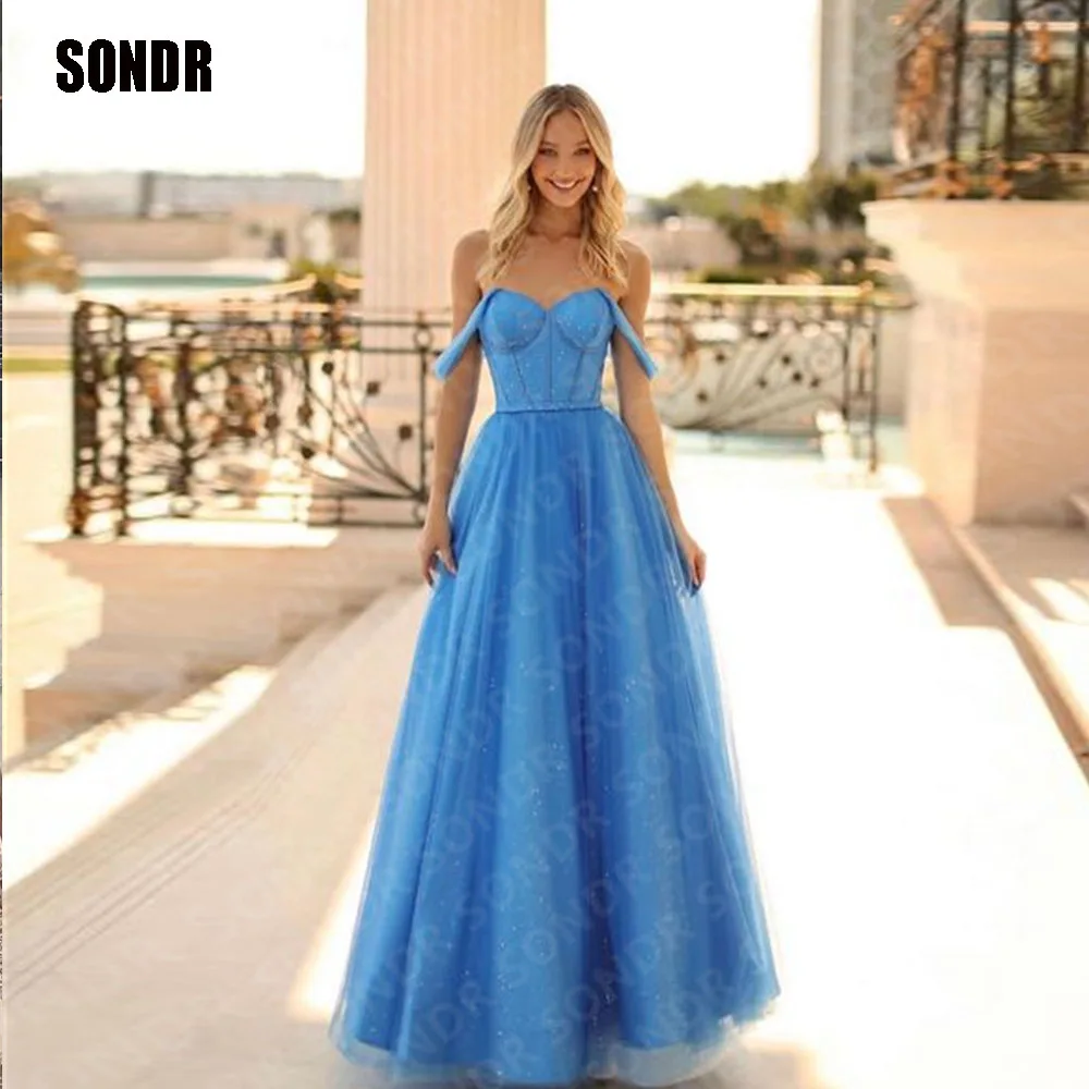 

SONDR Blue Sleeveless Sweetheart Evening Dresses Off Shoulder A Line Long Graduation Party Dresse Tulle Robes De Soiré 2023