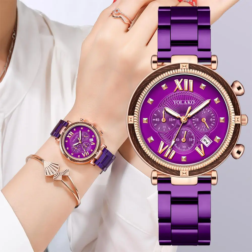 

Women Roman Calendar Watches Fashion Shining Ladies Wristwatches Luxury Purple Stainless Steel Female Quartz Watch Clock