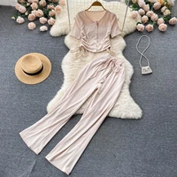 women gray two pieces wide leg pant sets and crop top summer casual elegant ruched bow tie minimalist classic outfit female 2022