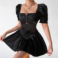 gothic vintage velvet black dress women sexy backless lace trim puff sleeve mini dresses elegant party club corset dress
