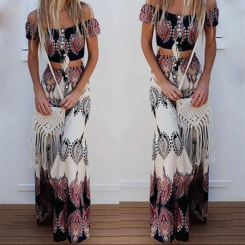 

2023 Summer Boho Sexy Strapless Slash Neck Short Sleeve Crop Tops Long Skirts Fashion Print Beach Maxi Skirt Suit Two Piece Set