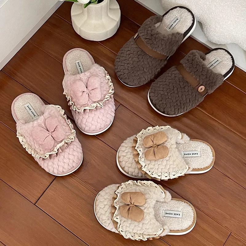 Winter Warm Plush Slippers Cute Bowknot Designer House Women Fur Slides Slippers Female Man Floor Mute Unisex Indoor Fluffy Shoe