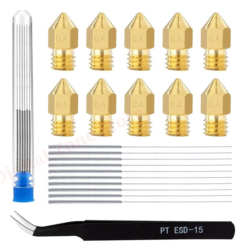 

10Pcs 0.4mm MK8 Extruder Brass Nozzle + Nozzle Cleanning Needles + Tweezers Kit for Creality CR-10 Ender 3/5 3D Printer Parts