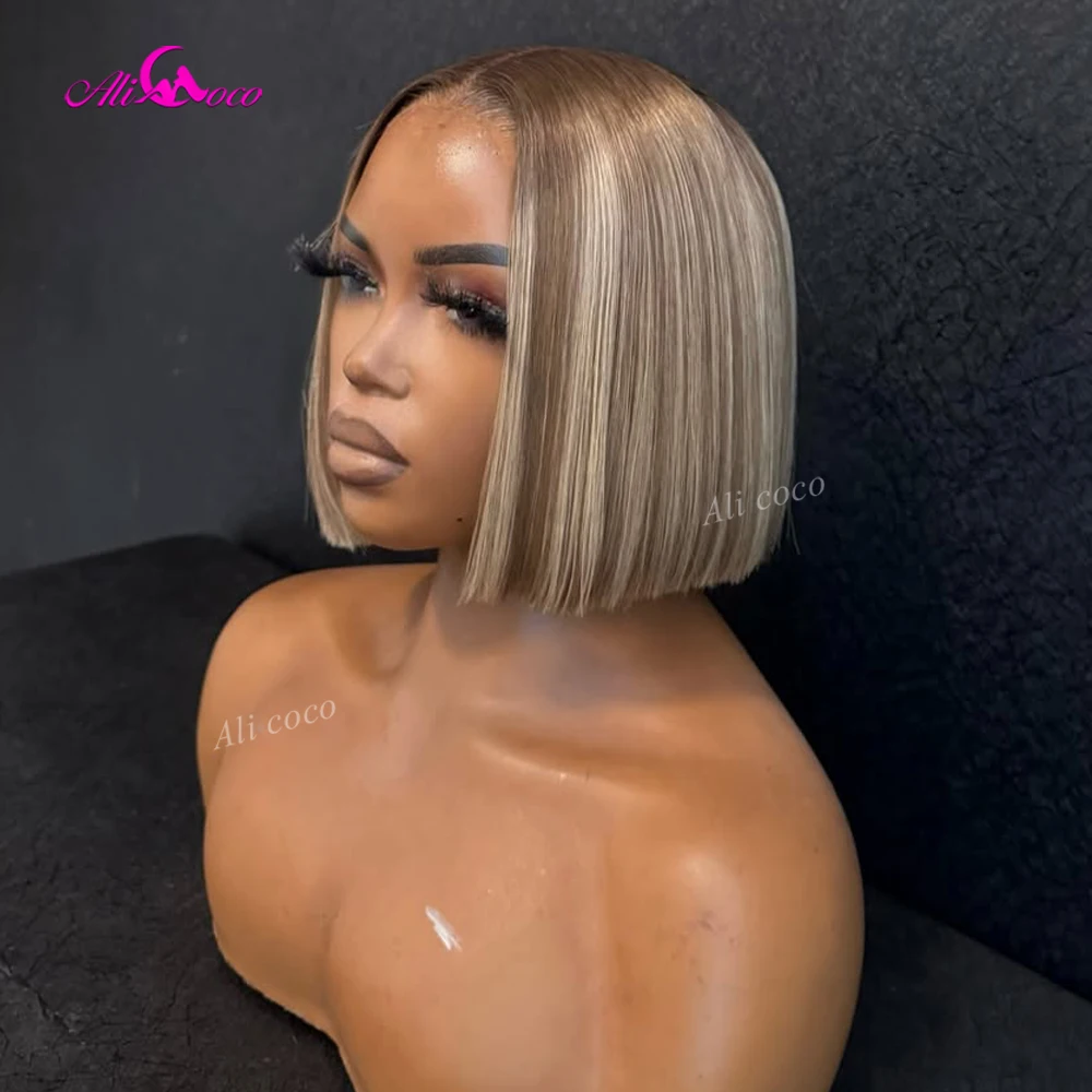 Фото Парик из натуральных волос Highlight Ash Blonde и Shiny Blonde, 13x4, прямой, короткий, с прозрачной кружевной передней частью, 180% плотности, для женщин №2