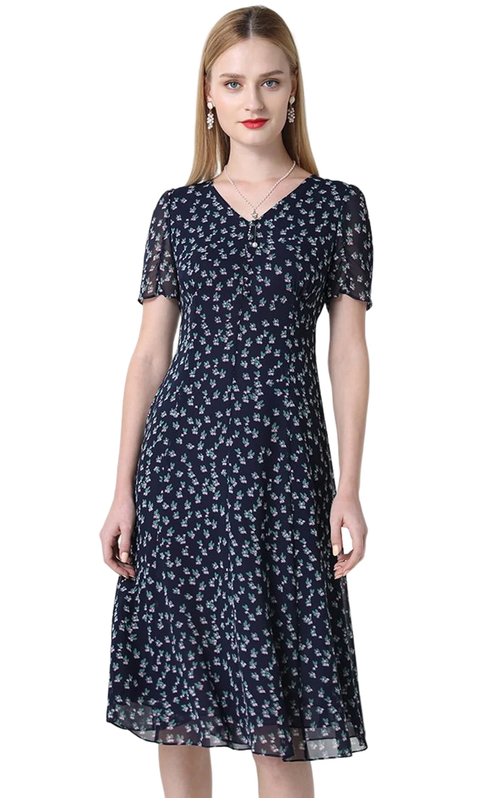 

Gowani Women's Silk Dresses Floral Short Sleeve Print Casual Flowy Summer Midi Dresses