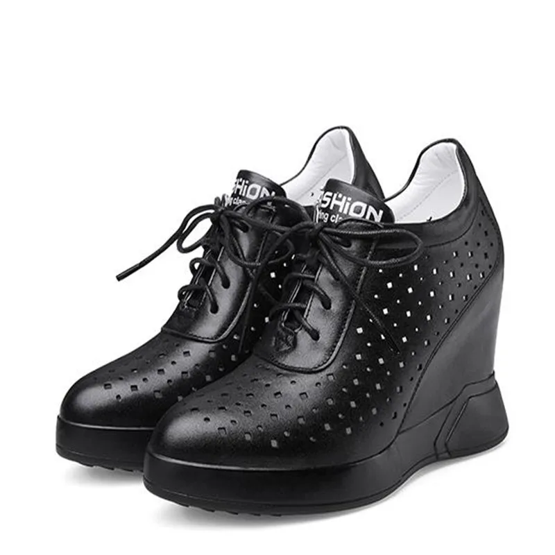 

Platform Wedges Walking Pumps Shoes Summer Vulcanized Shoes Women Genuine Leather High Heel Fashion Sneakers Female Round Toe
