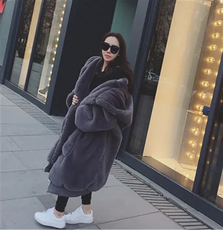 Korean Fashion Rex Rabbit Fur X Long Women Fur Jacket Long Warm Thick Coats Thickened Long Hooded Fur Coat Faux Fur Coat Women