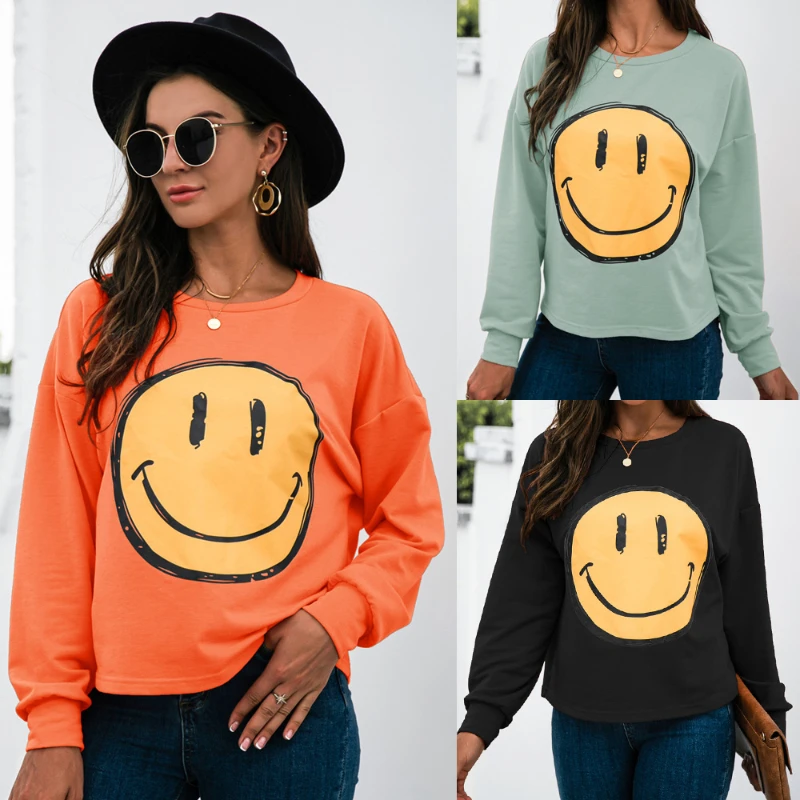 

Fashion Ladies Smiley Printed Long Sleeve Round Neck Loose Sweatshirt Brand New 2022 Ladies Casual Solid Color Pullover Tops