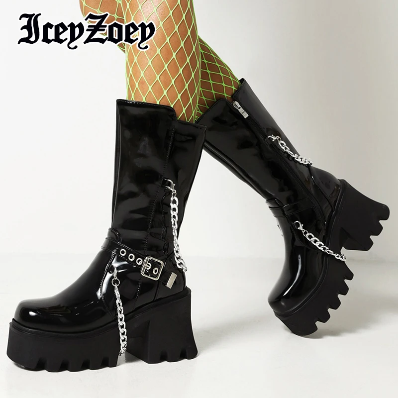 

IceyZoey Fashion Women Winter Boots High Heel Paltform Metal Chain Buckle Boots Mid-Tube Boots Female Shoes Footwear Size 35-43