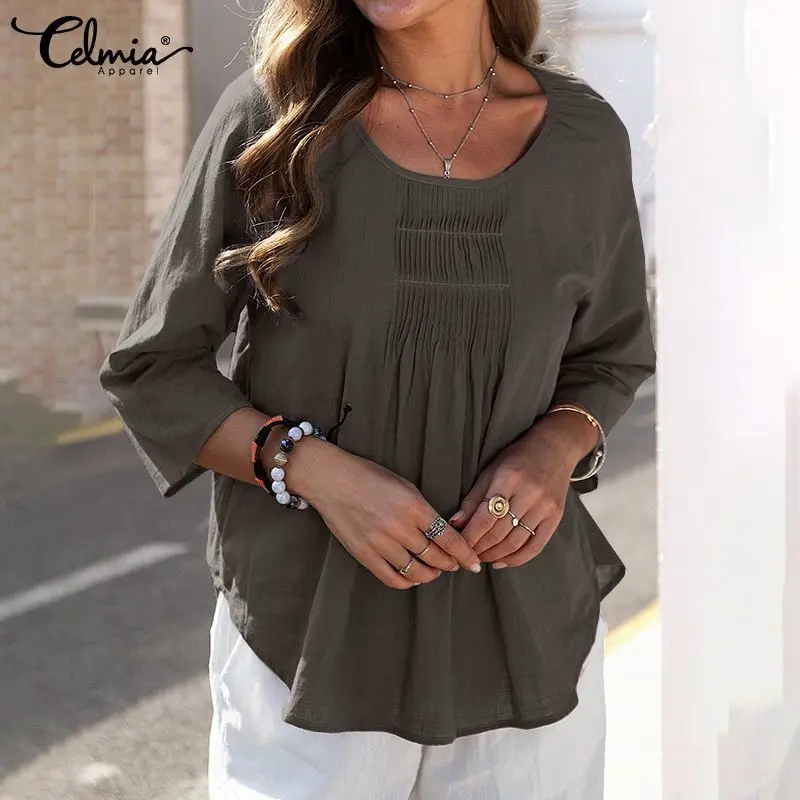 

Celmia Solid Color Asymmetric Hem Shirts 2022 Summer O Neck Cotton Women Blusas Casual Loose Fashion Leisure 3/4 Sleeve Blouses