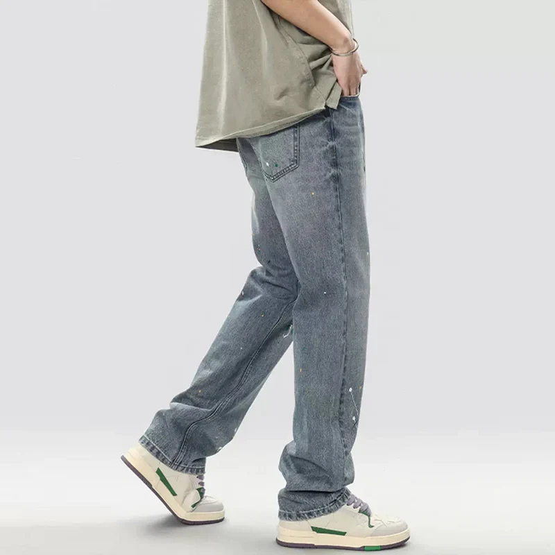 American Street Fashion Men Jeans Retro Blue Painted Designer Ripped Jeans Men Straight Trousers Casual Loose Denim Pants Hombre