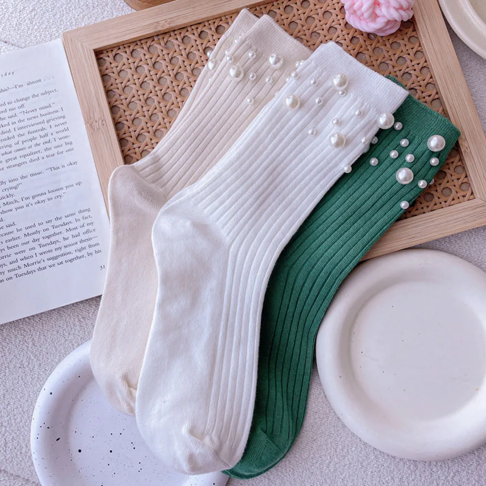 

New Solid Color Womens Socks Mid-tube Pearl Cotton Socks Korea Style Casual Short Socks Simple Foot Hosiery Fashion Hosiery