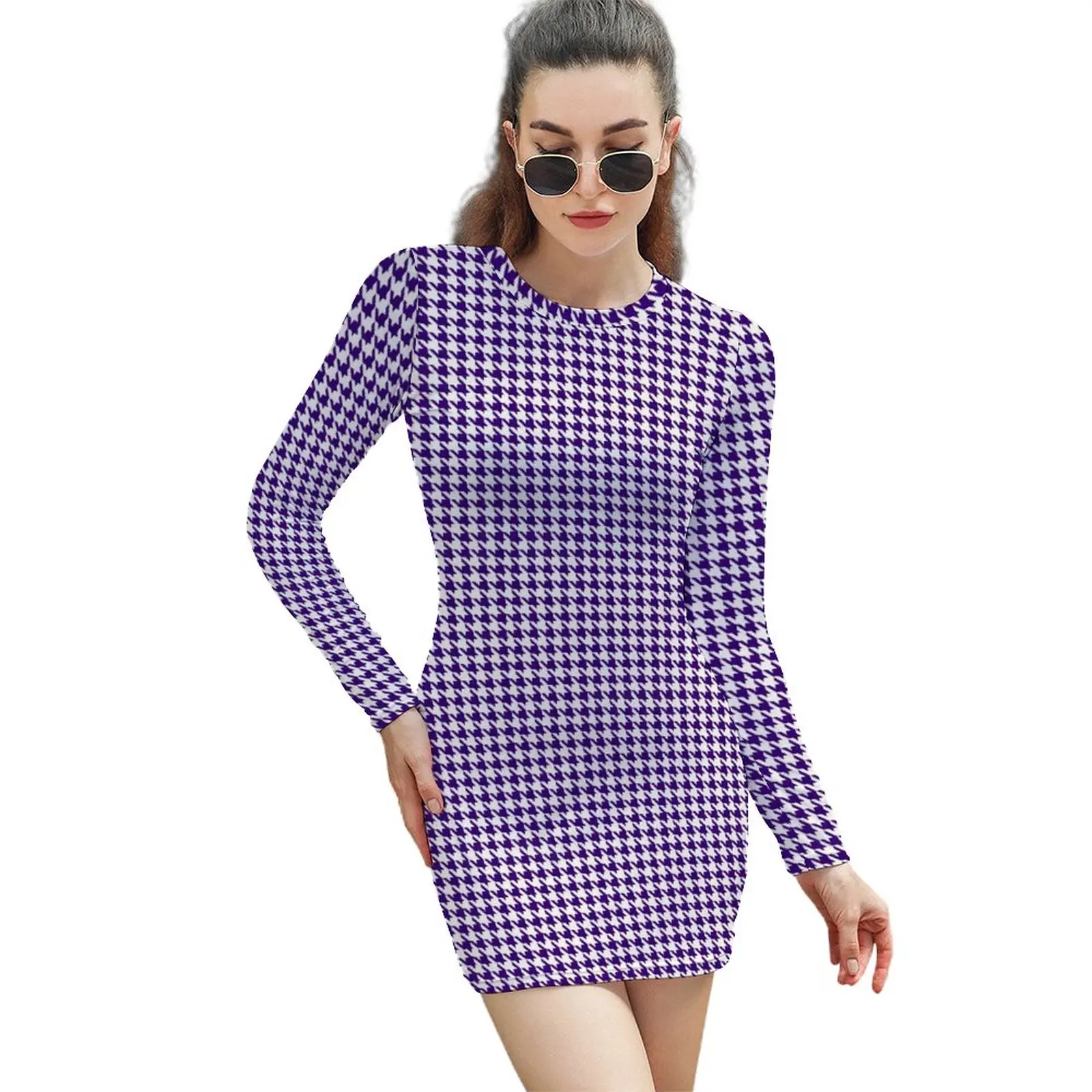 

Houndstooth Bodycon Dress Female Blue Purple White Elegant Dresses Autumn Long Sleeve Aesthetic Printed Dress Big Size 2XL