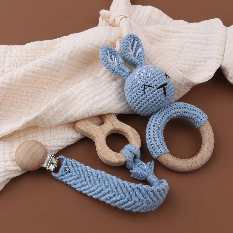 

3pcs Baby Teether Safe Wooden Toys Mobile Pram Crib Ring Crochet Rattle Soother Teether Set Pacifier Chain Baby Stuff