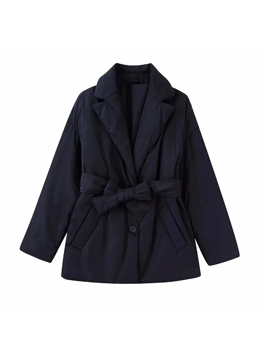 

Women Fashion Black Bow Belt Cotton-Padded Jacket Outerwear 2022 New Pockets Full Sleeves Casual Female Tops