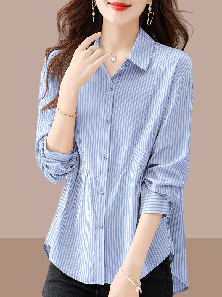 Женская рубашка модный топ в полоску закрывающий живот весна 2024 большой размер