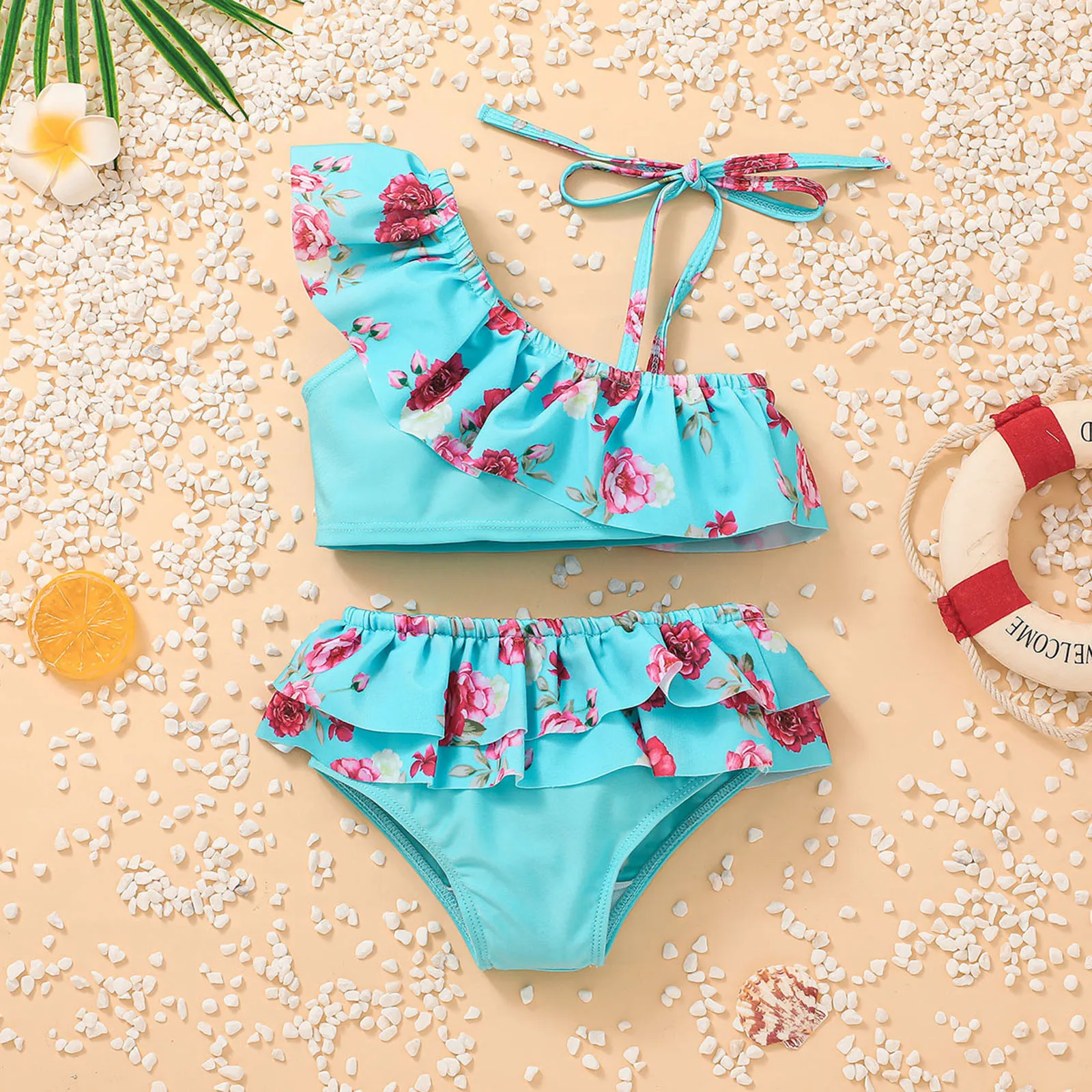 

Toddler Kids Swimsuit Baby Kid Girls Two-piece Summer Strap Print Ruffles Swimwear Swimsuit Bathing Suit Set купальник детский