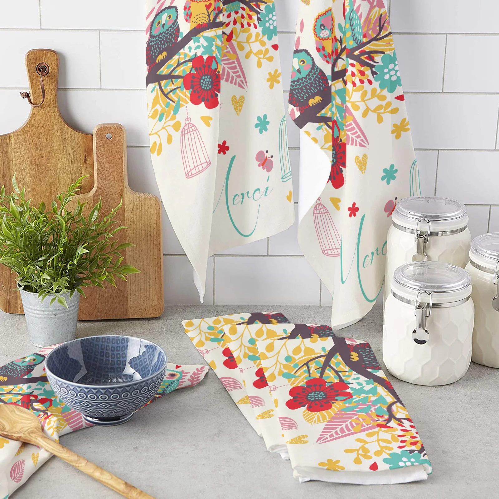 

Owl Flower Cartoon Colorful Kitchen Towel Bathroom Hand Towel Kitchen Dishcloth Water Absorption Household Cleaning Cloth