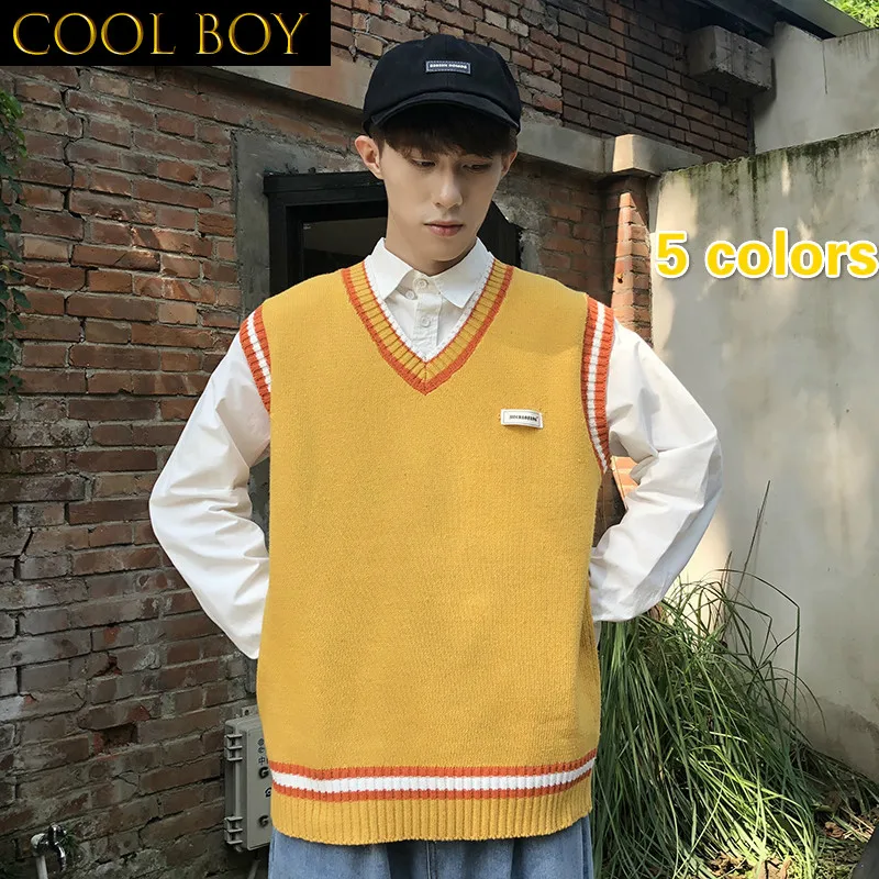 

J GIRLS Men Sweater Vest Loose Couples Patchwork Panelled V-neck Knitted Sweaters Male Spliced Ins Personal All-match Casual