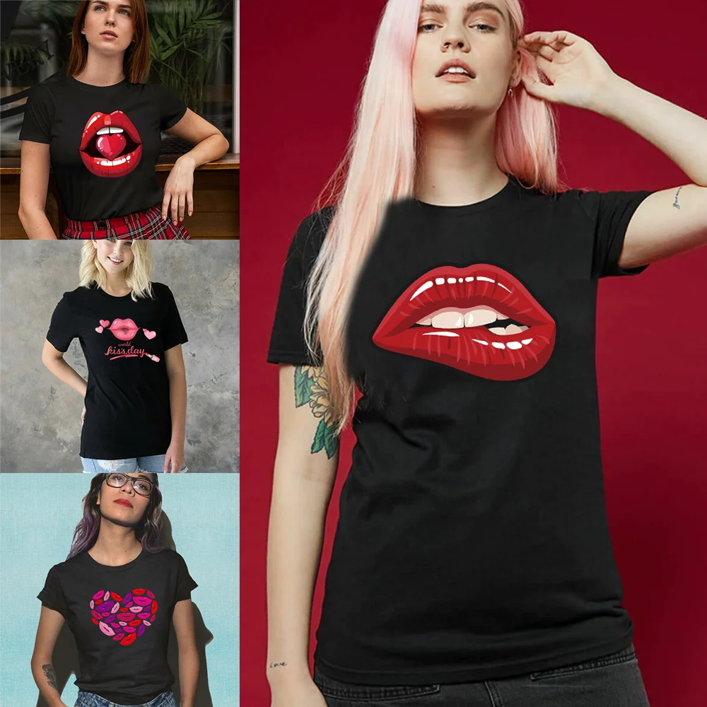 

Женские футболки 2023, летняя стильная модная футболка с коротким рукавом и принтом рта, футболка с коротким рукавом в стиле хип-хоп, топ с круглым вырезом, черный пуловер, Топ