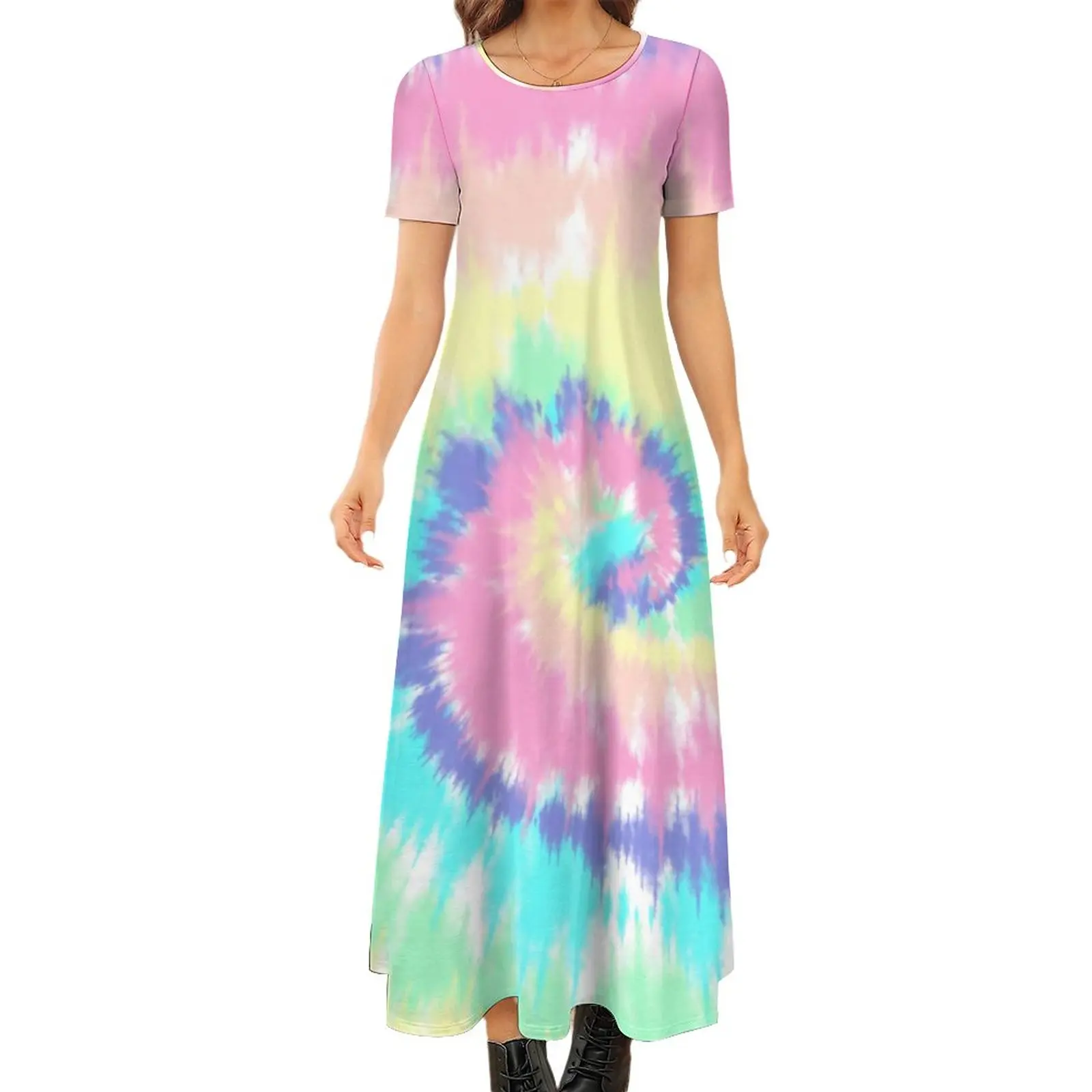 

Tie Dye Print Dress Pastel Rainbow Modern Maxi Dress Funny Bohemia Long Dresses Female Short Sleeve Big Size Vestidos