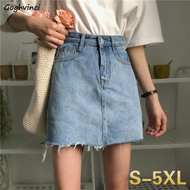 

Skirts Women Popular 5XL Denim Mini-skirt Lining Frayed High-waist A-line Simple All-match Korean Body-con Leisure Girls Chic
