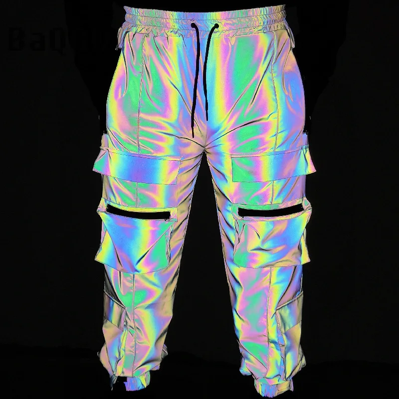 Male Dazzle Color Reflection Cargo Pants Zipper Lace-up Pocket High Street Casual Men's Clothing Running Joggers Sweatpants 2022