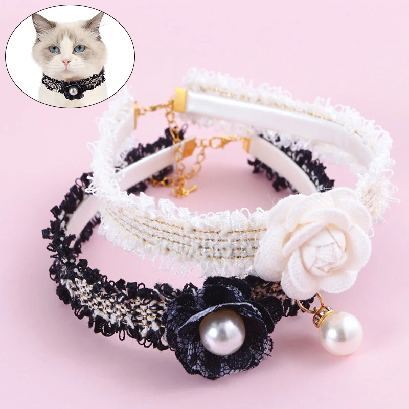 

Pet Collar Black White Woven Lace Pearl Camellia Cat Dog Necklace Puppy Wedding Dress Small Dog Safety Leash Accessories