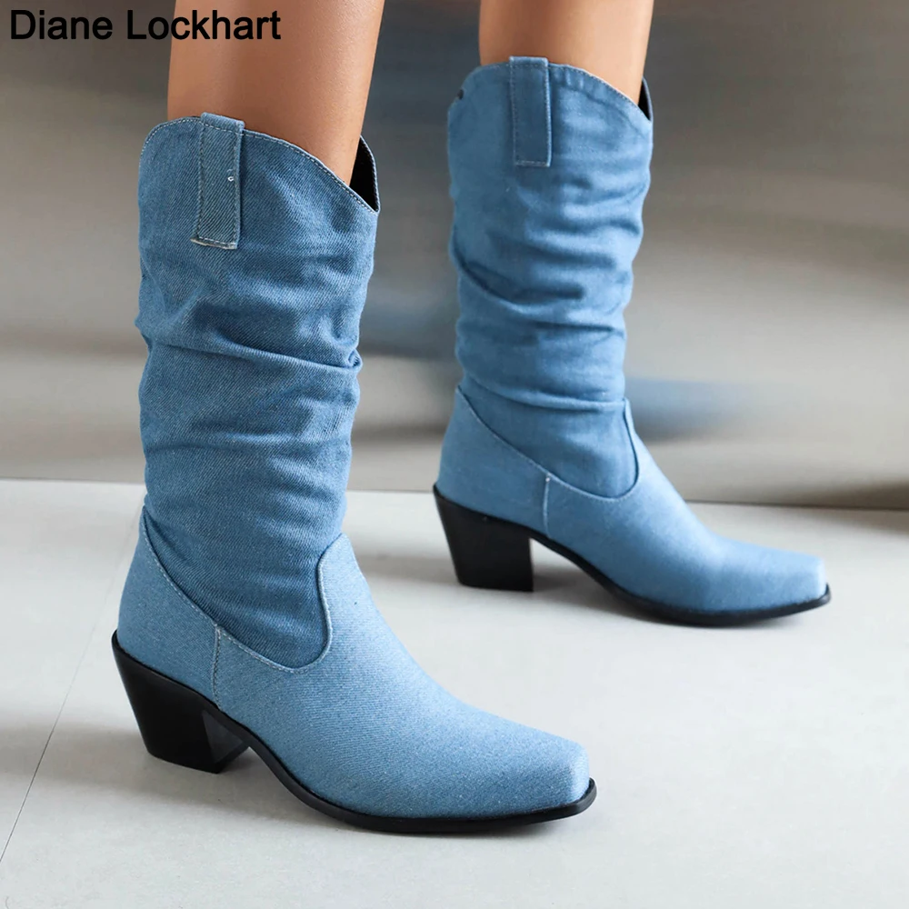 

Женские джинсовые ботинки в западном стиле, короткие ботинки с острым носком и плиссировкой в стиле ретро, осенне-зимняя обувь, размеры 42, 2023