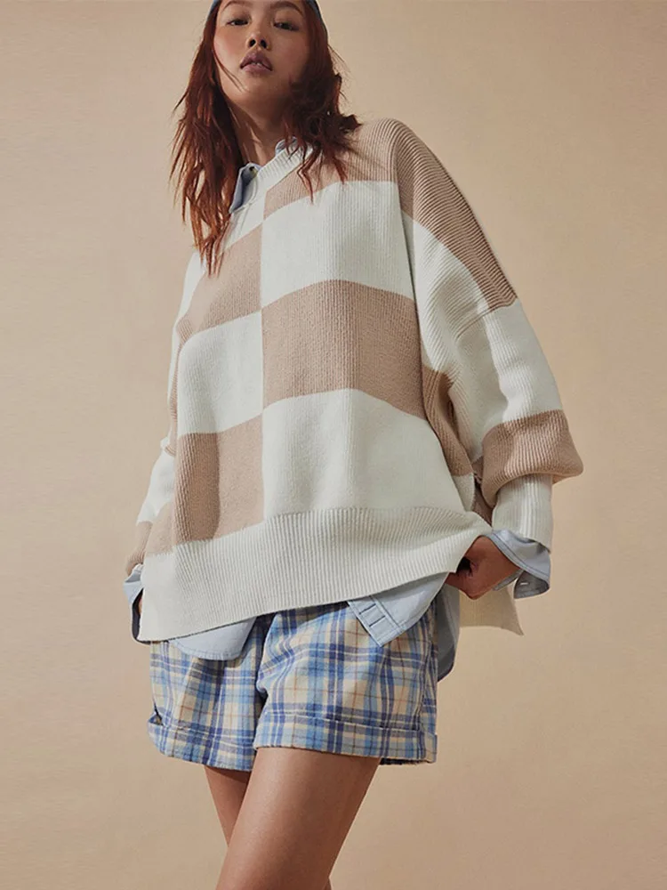 Повседневные вязаные свитера в клетку Женский винтажный свободный мягкий