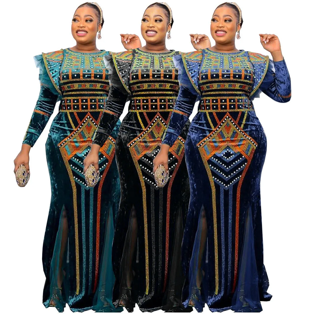 

New Winter Women Bazin Rich African Ethnic Printed Rhinestone Dress Autumn Velvet Fashion Exotic Party Maxi Dresses For Women