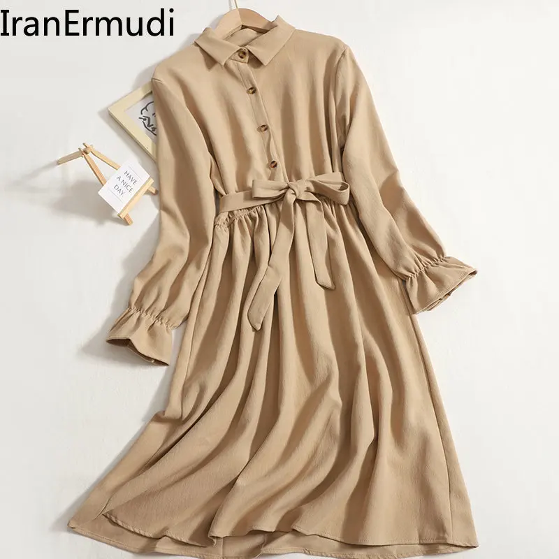 

IranErmudi Fashion Women Solid A Line Dress Long Sleeves Vintage Chic Fold Turn Down Collar Dresses 2023 Belted Spring Vestidos