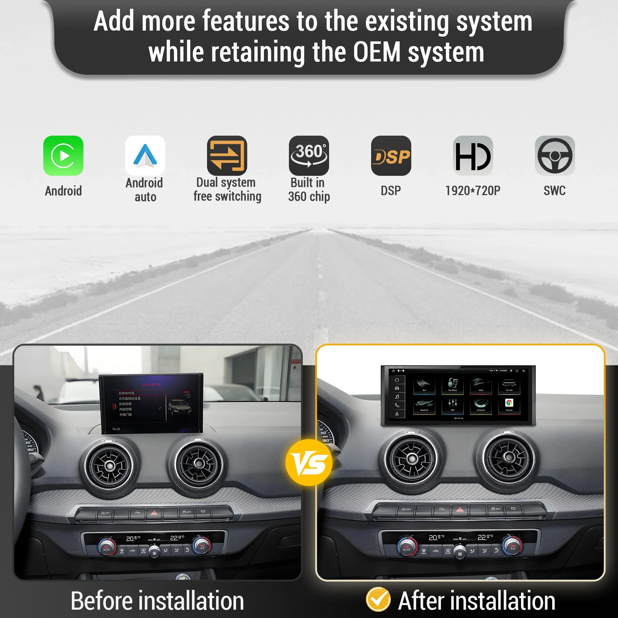 Фото 10,25-дюймовое автомобильное радио на Android 14 с беспроводным Bluetooth Carplay, процессором Qualcomm Snapdragon 680, сенсорным экраном для Audi Q2 2016-2023 №1